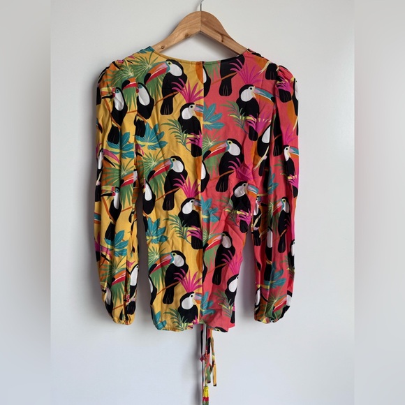 Anthropologie Farm Rio Top Toucan Wrap balloon pull sleeve XS oversized bright - Picture 6 of 11